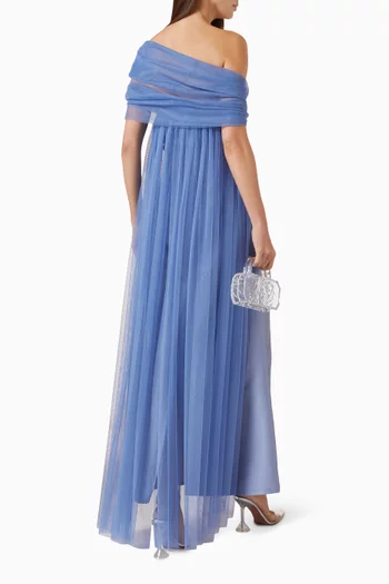 Shoulder-detail Ruched Maxi Dress in Tulle