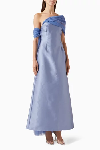 Shoulder-detail Ruched Maxi Dress in Tulle