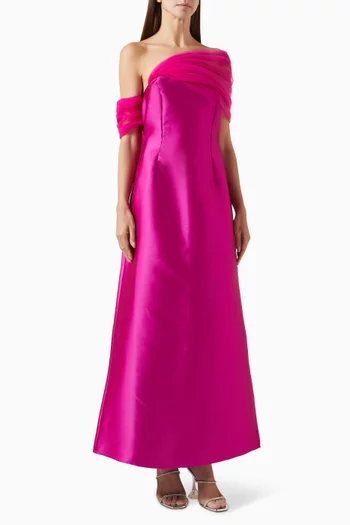 Shoulder-detail Ruched Maxi Dress in Tulle & Taffeta