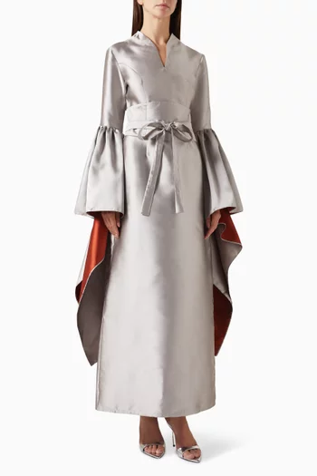 Belted Two-tone Maxi Dress in Taffeta