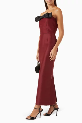 Off-shoulder Contrast Bow Midi Dress in Satin