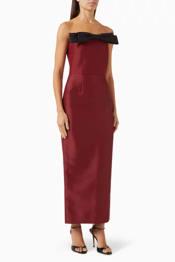 Off-shoulder Contrast Bow Midi Dress in Satin