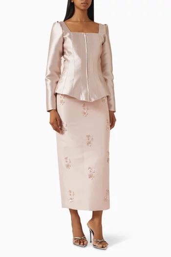 طقم بلوزة بنمط معطف مزينة بالخرز وتنورة ستان