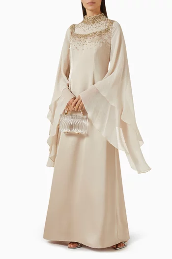 Fitted dress featuring a high embellishedneckline adorned with delicate pearlsand crystals. Finished with sheer,layered bell sleeves for a graceful andfeminine silhouette.:BEIGE:L|218756667