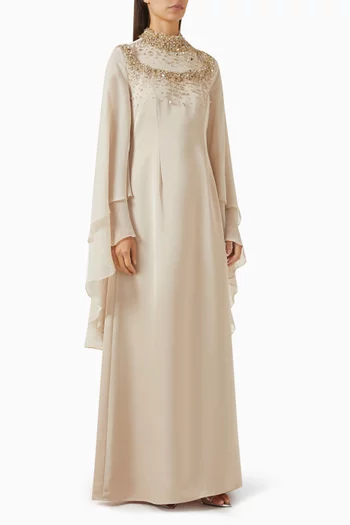 Fitted dress featuring a high embellishedneckline adorned with delicate pearlsand crystals. Finished with sheer,layered bell sleeves for a graceful andfeminine silhouette.:BEIGE:L|218756667