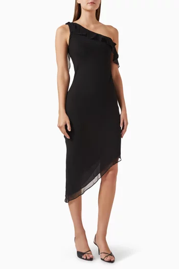 فستان كاري متوسط الطول بكتف مكشوف حرير جورجيت