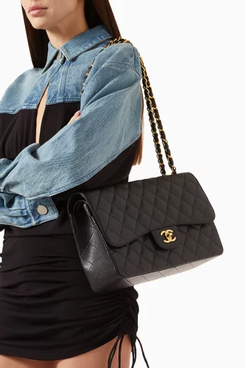 حقيبة كلاسيكية جامبو بغطاء قلاب مزدوج جلد كافيار