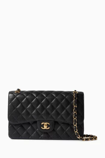 حقيبة كلاسيكية جامبو بغطاء قلاب مزدوج جلد كافيار