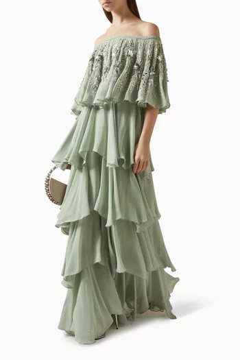 Floral Embroidered Ruffled Maxi Dress