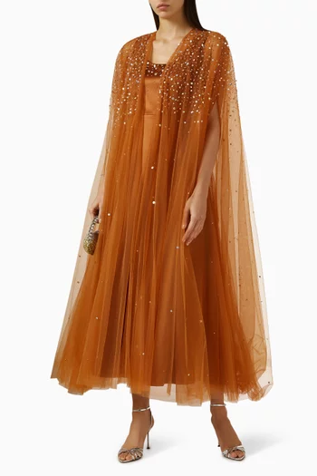 طقم فستان وكاب مطرز بالكريستال تول وستان