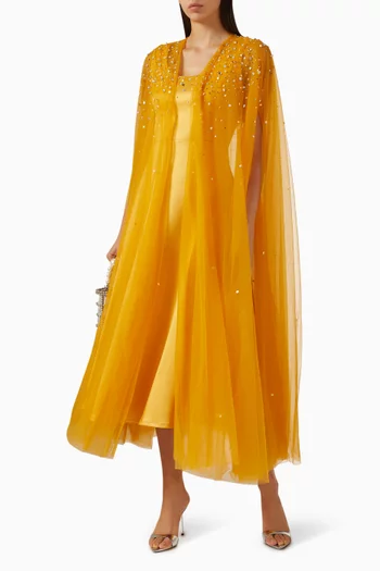 طقم فستان وكاب مطرز بالكريستال تول وستان