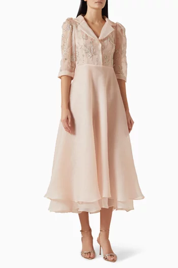 فستان مطرز بزهور بارزة أورجانزا