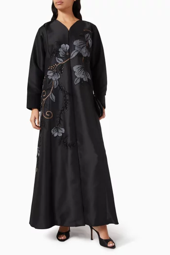 Thread & Bead Embroidered Abaya in Satin