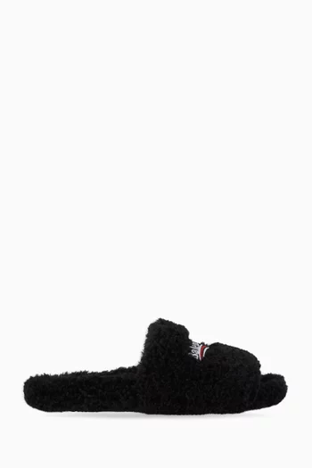 Political Campaign Furry Slide Sandals in Faux Shearling