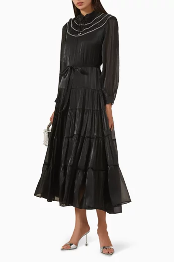 Embellished-trim Belted Midi Dress