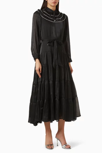 Embellished-trim Belted Midi Dress