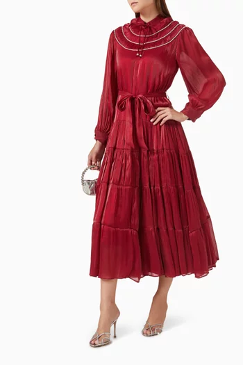 Embellished-trim Belted Midi Dress