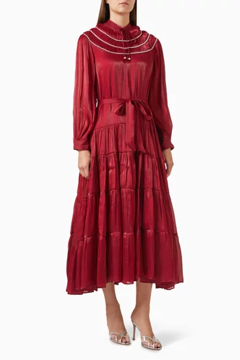 Embellished-trim Belted Midi Dress