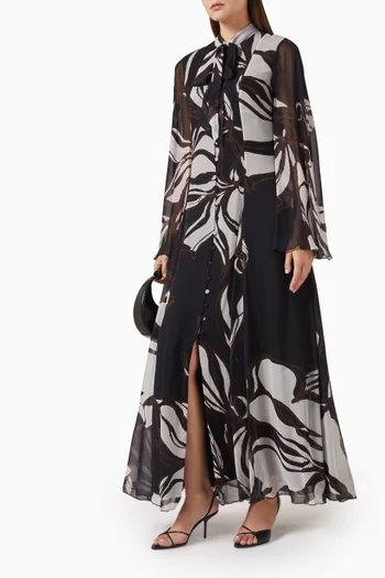 فستان طويل بنقشة زهور وفتحة رقبة بوشاح قابل للربط شيفون