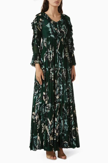 فستان طويل بكشكش ونقشة زهور