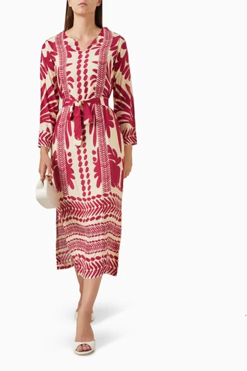 فستان متوسط الطول بحزام ونقشة زهور