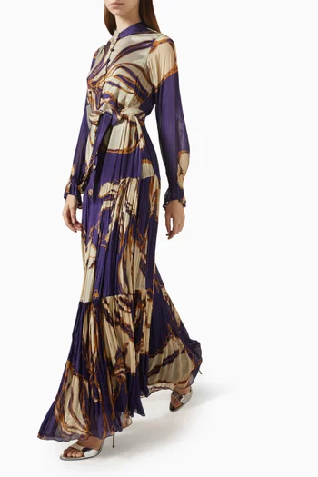 فستان طويل بحزام ونقشة زهور شيفون