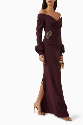 Embellished Off-shoulder Gown in Crepe
