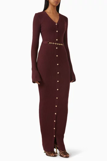 فستان آسيا طويل بحزام سلسلة نسيج