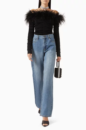 Feather-trim Off-shoulder Top in Knit