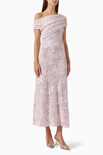 فستان متوسط الطول مطرز بأحجار الراين دانتيل