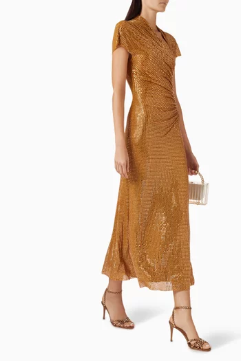 فستان متوسط الطول بدرابيه وتطريز بأحجار الراين