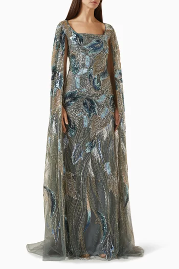 Sequin-embellished Cape Gown in Tulle