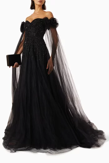 Embellished Off-shoulder Gown in Tulle