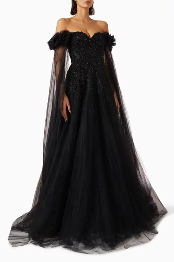 Embellished Off-shoulder Gown in Tulle