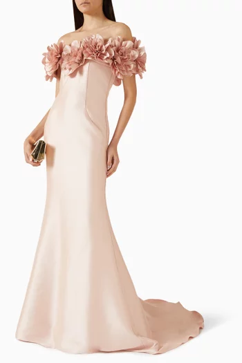 3D Floral-applique Gown in Mikado