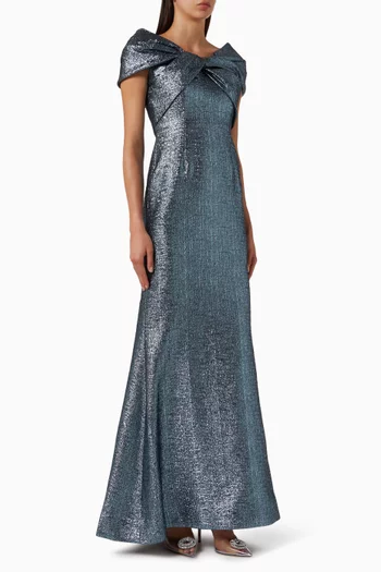 فستان سهرة بأكتاف مكشوفة وفتحة رقبة بتصميم ملفوف جاكار