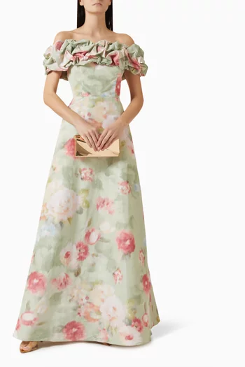 Floral-print Off-shoulder Gown in Taffeta