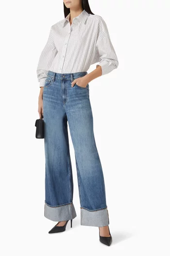 قميص بصف أزرار وجزء مزموم قطن بوبلين