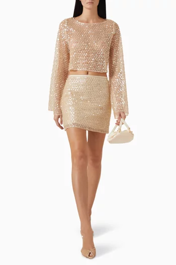 تنورة إيفرلي قصيرة مطرزة بالترتر قماش شبكي