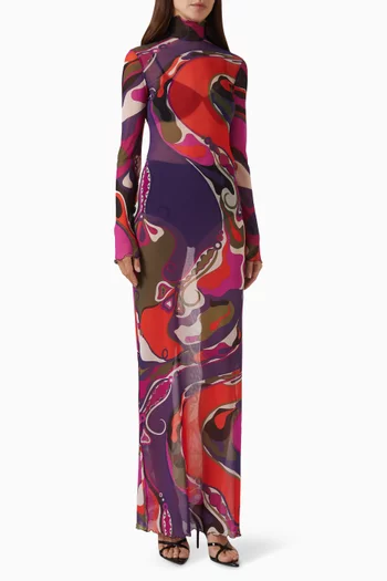Turtleneck Printed Maxi Dress in Tulle