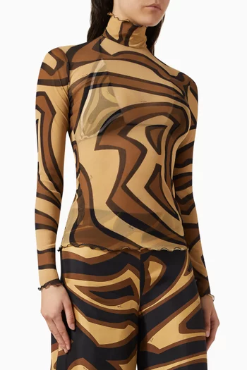 بلوزة بياقة عالية ونقشة تجريدية تول