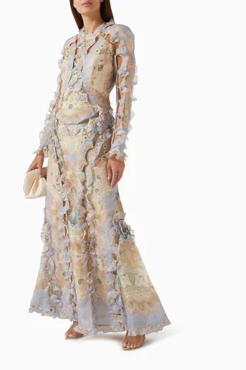 فستان ربيلين طويل بفتحات صدفية الشكل حرير وكتان