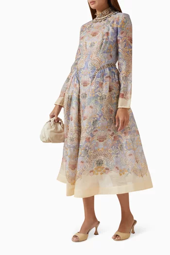 فستان ربيلين متوسط الطول ومطرز بالخرز حرير وكتان