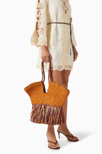 Medium Goldentime Fringe Tote Bag in Raffia