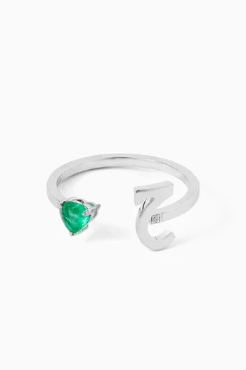 Initial 'J' Open Emerald & Diamond Ring in 18kt White Gold