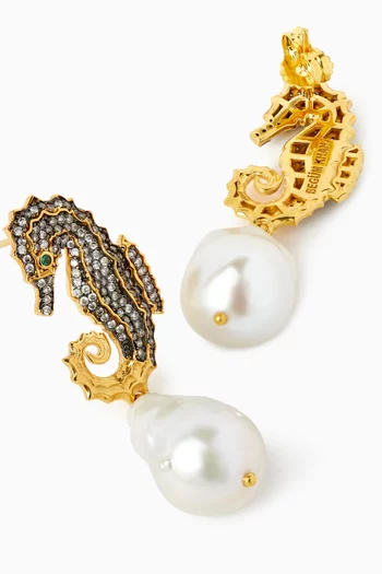 Mini Sea Horse Pearl Earrings in 24kt Gold-plated Bronze