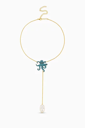 قلادة بولبينو طويلة بتصميم حرف Y مزينة باللؤلؤ برونز مطلي ذهب عيار 24