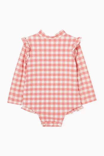 Gingham-print Frilled One-piece Swimsuit