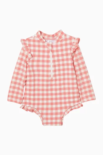 Gingham-print Frilled One-piece Swimsuit