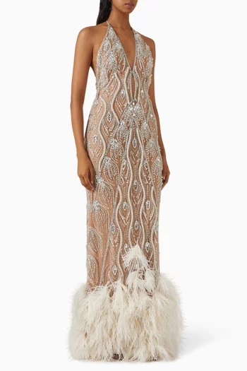 Leonie Feather-trim Gown in Tulle